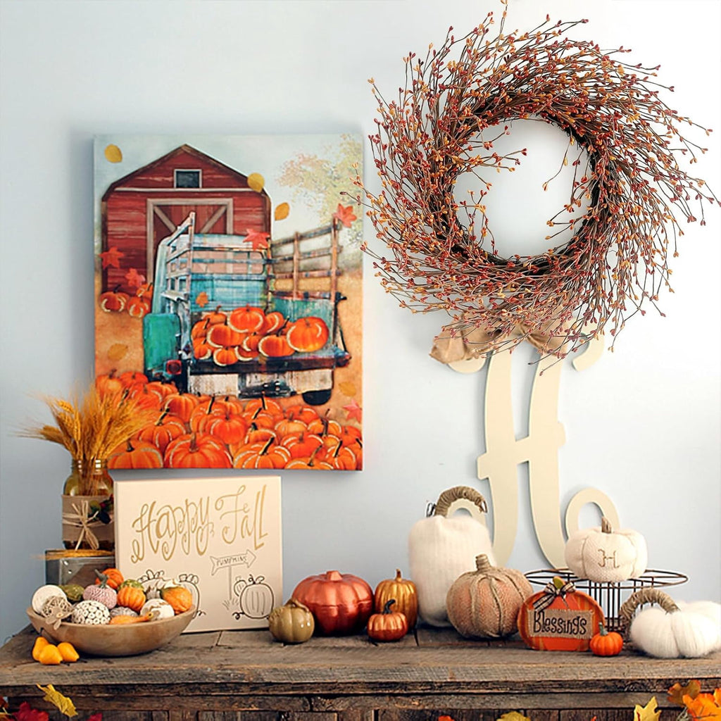 24 Inch Fall Wreath for Front Door with Large Grapevine, Orange Pip Berry Wreath for Fall Door Decor, Autumn Wreaths for Farmhouse Wall Window Home and Halloween Christmas Thanksgiving Decoration