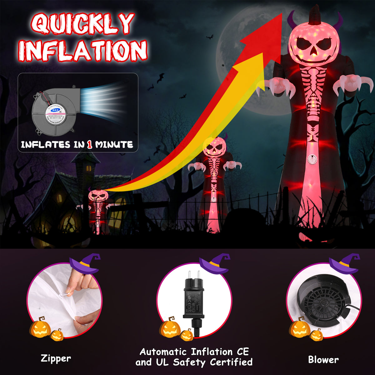 10FT Halloween Inflatable Outdoor Decoration 7 Color RGB Light, Scream Sound Grim Reaper Ghost Halloween Inflatables with Pumpkin Head, Blow Up Yard Decorations for Holiday Party Garden