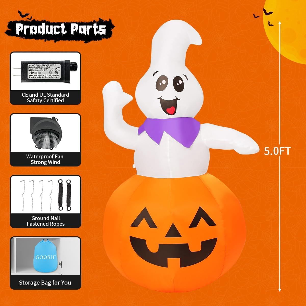 Inflatable Pumpkin Ghost Decoration with LED Lights for Halloween Outdoor Yard