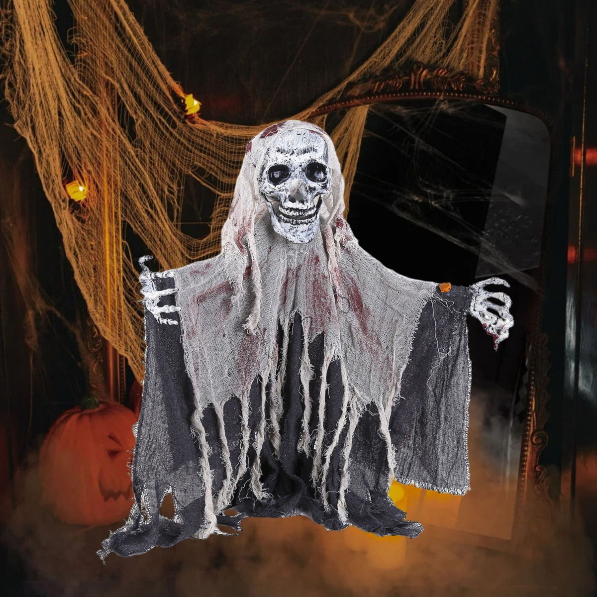 XHKUYI Halloween Sound Activated Skeleton Ghost Decor 21 inches, Light Up Creepy Bloody Tattered Gauze Ghost, Hanging Ghost Prop for Haunted House, Yard, Door & Party Decor