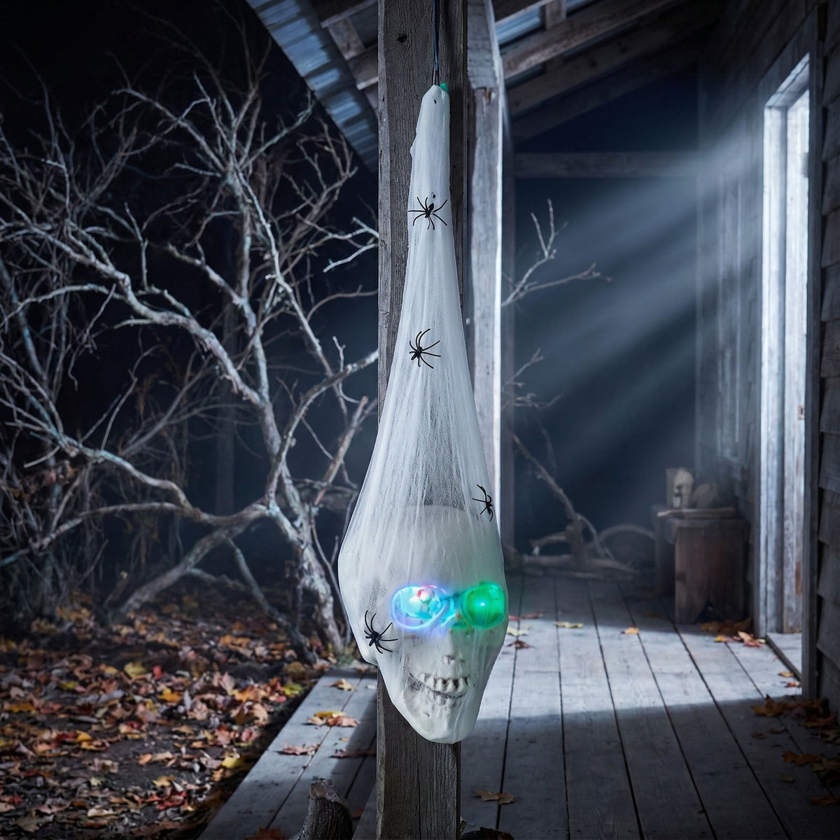 Spooky Hanging Decoration 25.6 Inch Glowing Skeleton Skull with Led Eyes, Gauze Wrapped Scary Ornament for Halloween Party, Indoor Outdoor Yard Decor
