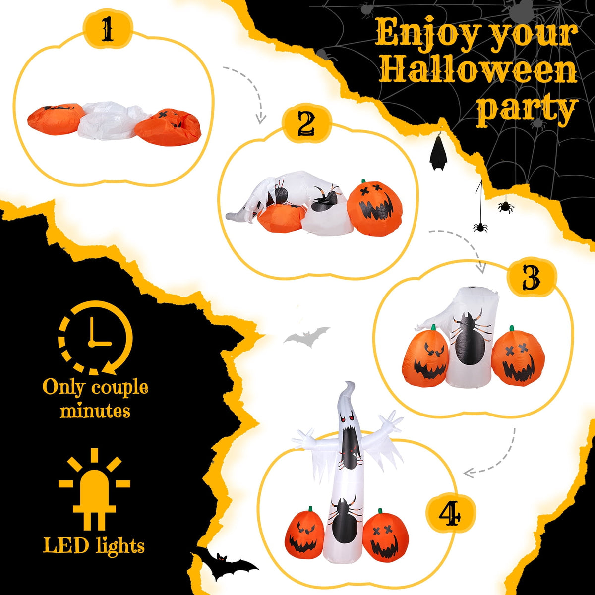 11.8FT Halloween Inflatable Ghost Spider Pumpkin with LED Lights for Yard