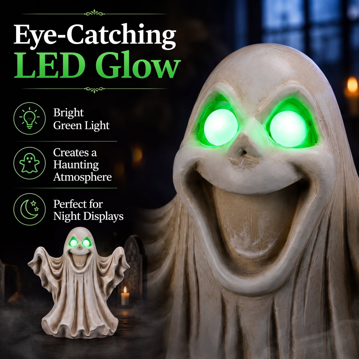 Large 13-Inch Lighted Halloween Ghost Decoration, Resin Figurine with Green LED Eyes, Battery Operated Tabletop Statue for Mantel and Party