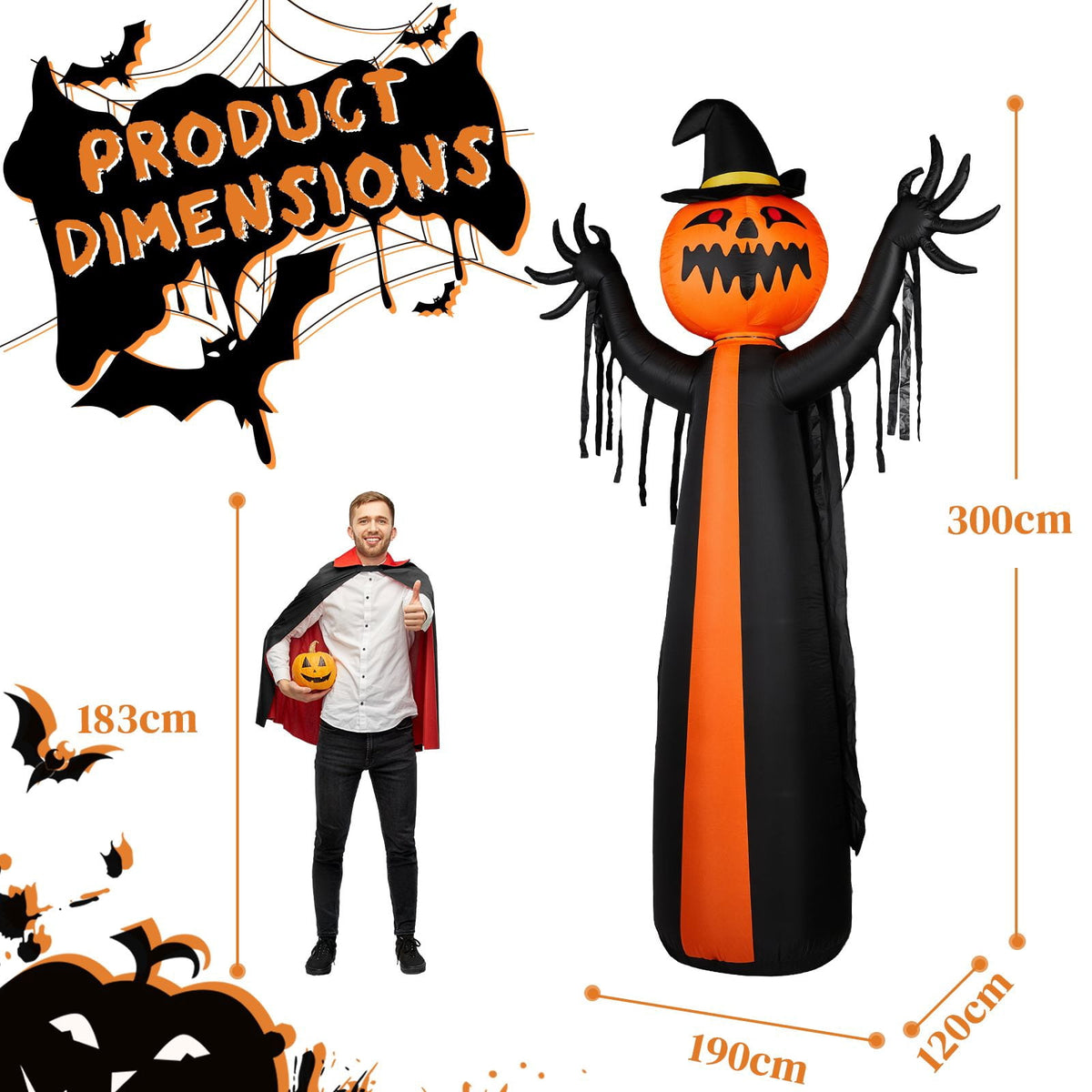 10FT Inflatable Pumpkin Ghost with Rotatable Head 6 LED Lights Black Orange Halloween Yard Decor