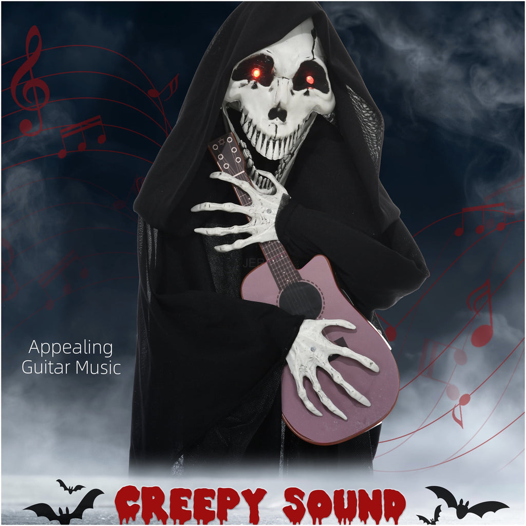 JERFIT Halloween Animatronic Grim Reaper Prop with Motion Sound Activation, Light Up Eyes and Guitar Music for Scary Outdoor Indoor Decor