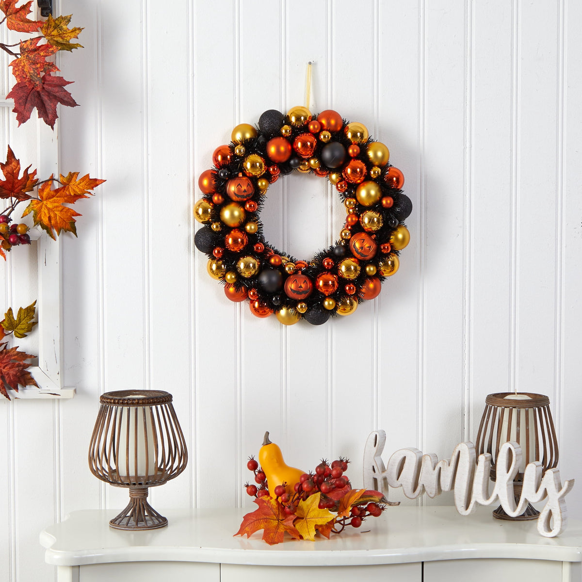 Nearly Natural 30in. Halloween Shatterproof Jack-o'-lantern Pumpkin Ornament Wreath