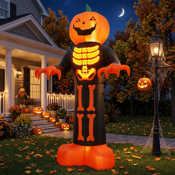 COTINSE 12 FT Halloween Inflatable Grim Reaper with Skeleton Ribs and Pumpkin, 3 LEDs and 115 String Lights, Outdoor Yard Decor