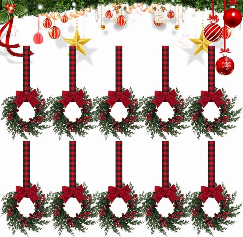 Christmas Mini Wreaths, Set of Small Artificial Pine Cabinet Rings with Bows & Berries, Holiday Door & Window Decor, Hanging Indoor Outdoor Christmas Decorations (Black/Red Check, 10PCS)