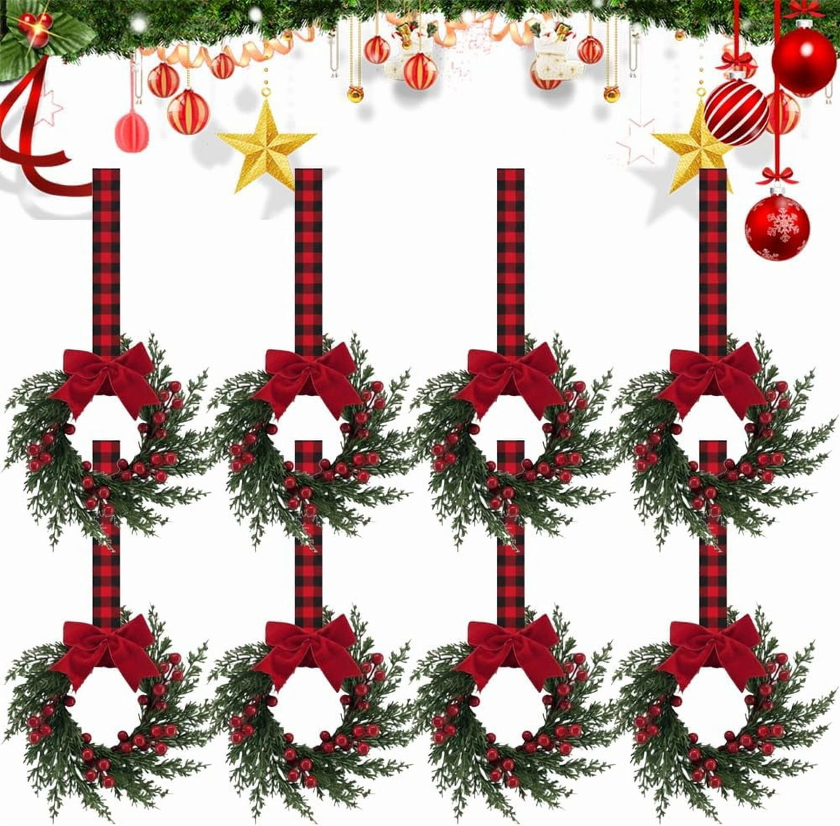Christmas Mini Wreaths, Set of Small Artificial Pine Cabinet Rings with Bows & Berries, Holiday Door & Window Decor, Hanging Indoor Outdoor Christmas Decorations (Black/Red Check, 10PCS)