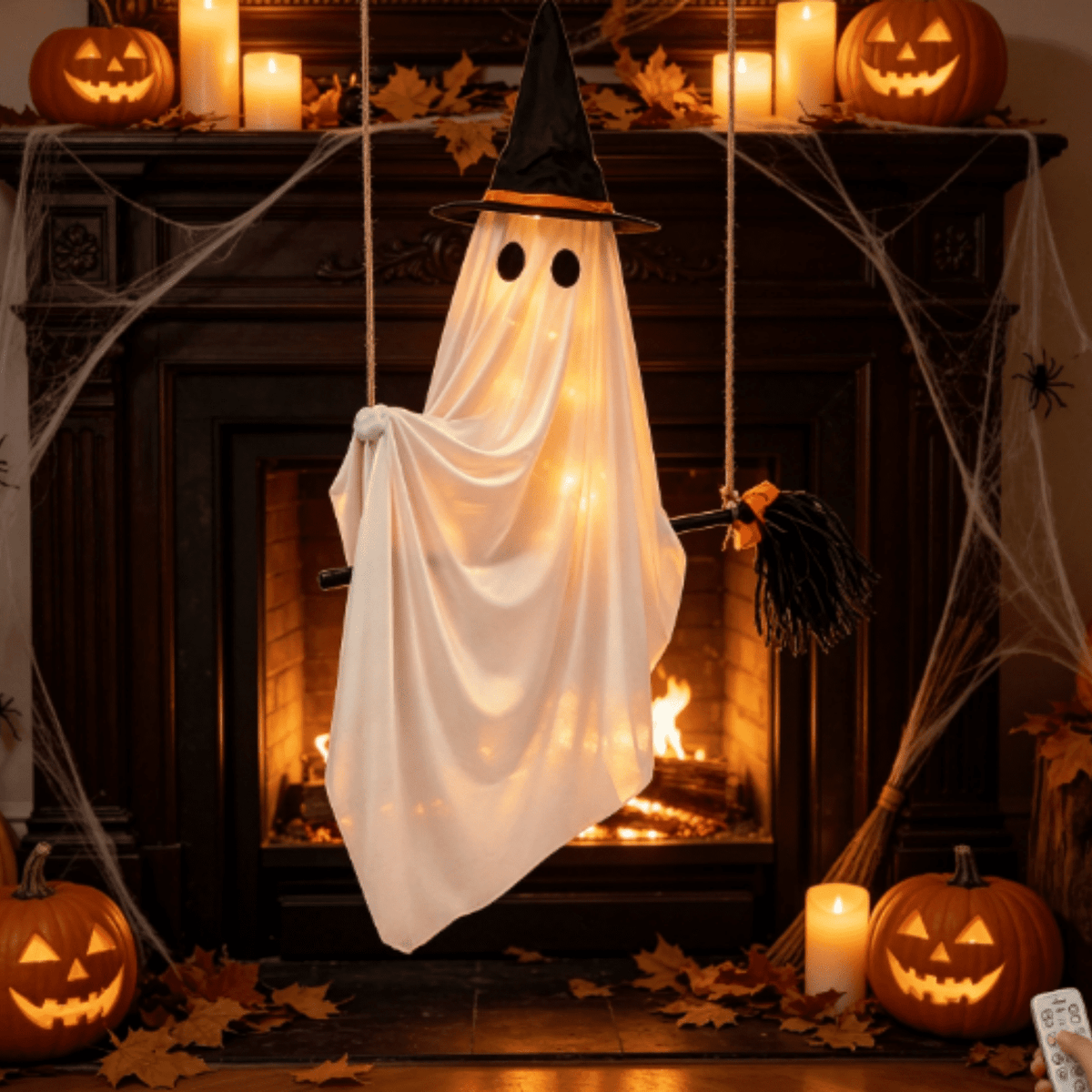 Halloween Decorations Outdoor, Lighted Hanging Ghost Decor with Witch Hat & Broom, LED Flying Ghost Decoration for Porch, Yard, Tree, Patio, Haunted House & Indoor Party 43.3in