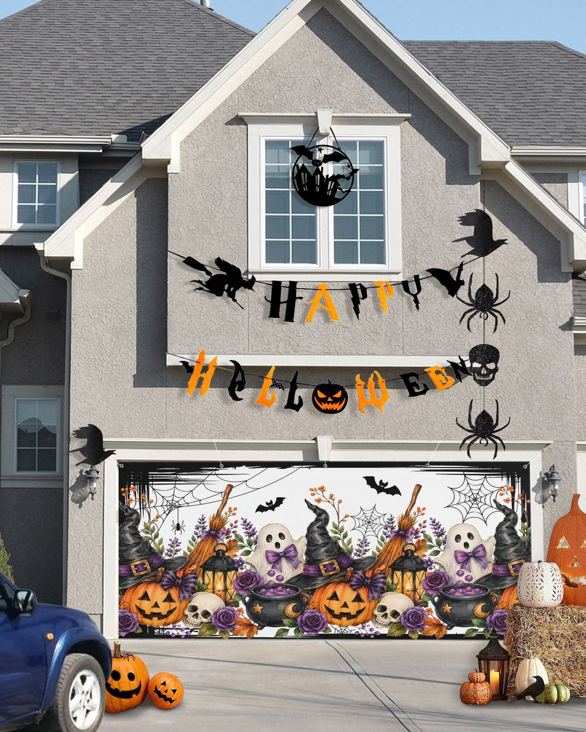 Halloween Garage Door Banner Cover 7 x 16 ft Fall Fantasy Ghosts Wizard Hats Lanterns Bubbling Potions Garage Door Decoration Hanging Garage Door Cover Backdrop Wall Decoration for Outdoor Home Party