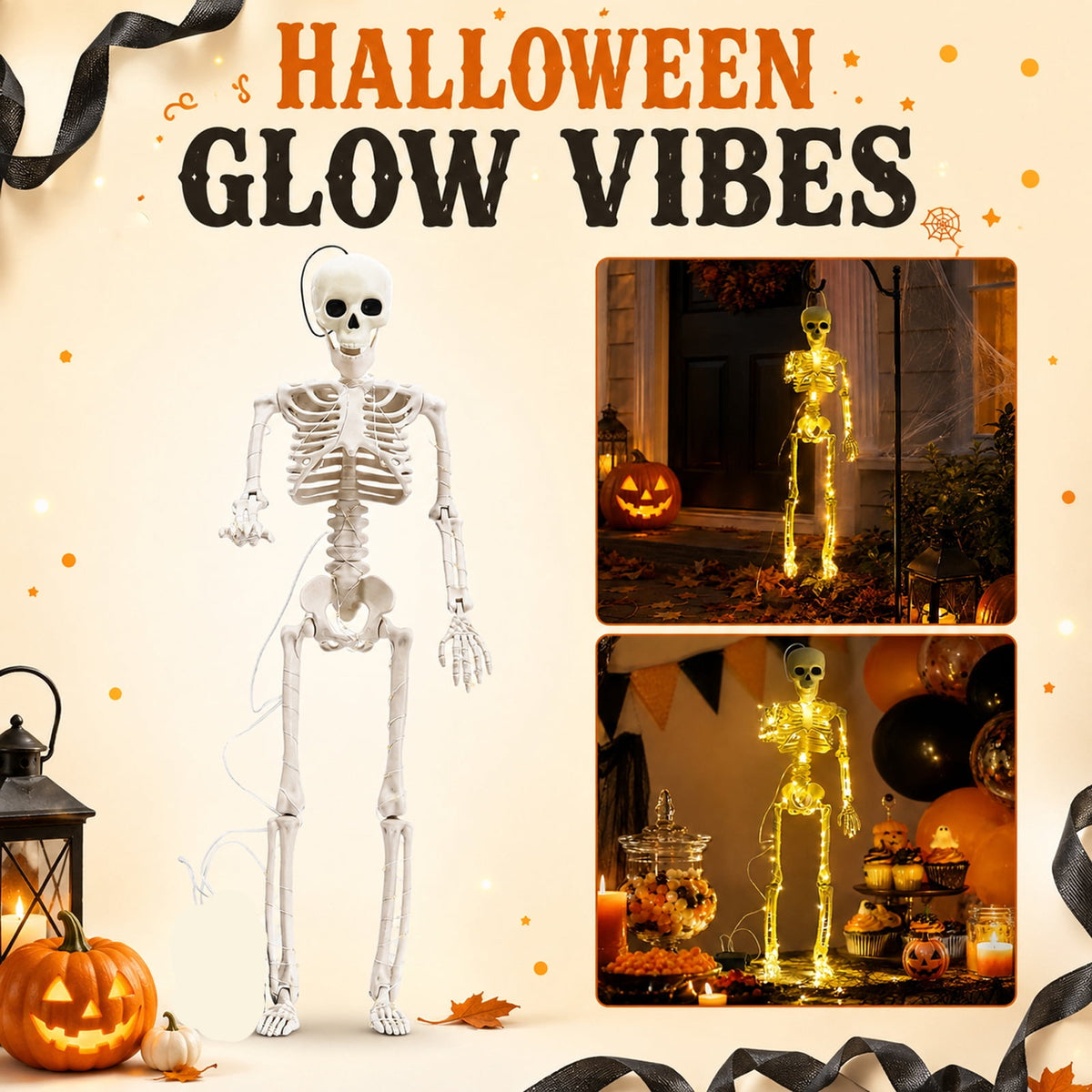Halloween Glowing Skeleton Hanging Decoration - Realistic White Plastic Skeleton Prop with Warm LED Lights for Haunted House and Party Scene Setup,1PC