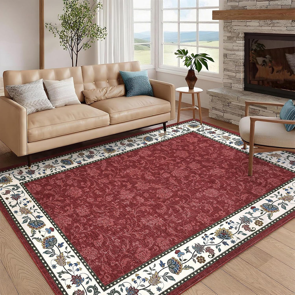 Large Living Room Rug 10x13 Non-Slip Floral Indoor Carpet Washable Floral Bordered Floor Mat Low Pile Non-Shedding Foldable Neutral Bedroom Rugs for Dining Room Nursery Home Office Red
