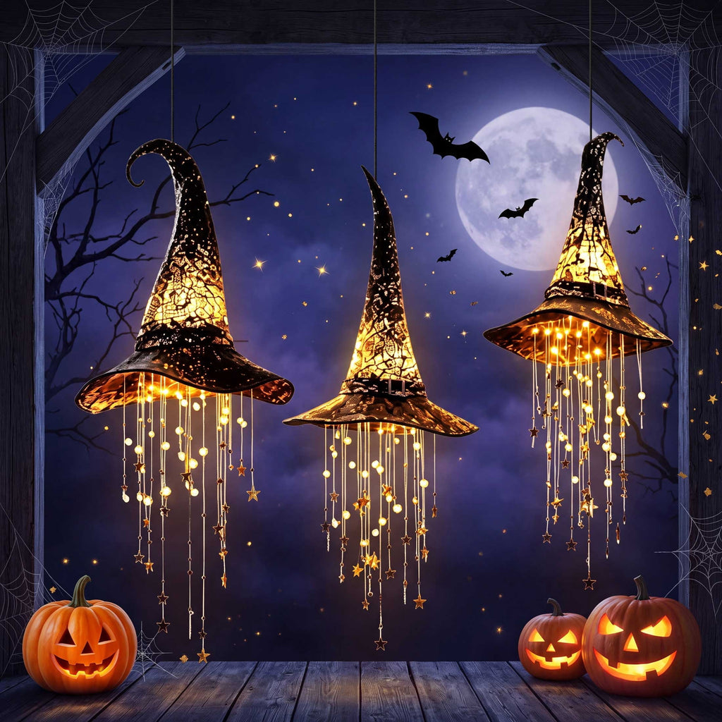 Lighted Witch Hat Hanging Chime, LED Black Mesh Witch Hat with Glowing Star Garland, Indoor Outdoor Halloween Decor for Porch Tree Window