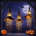 Lighted Witch Hat Hanging Chime, LED Black Mesh Witch Hat with Glowing Star Garland, Indoor Outdoor Halloween Decor for Porch Tree Window