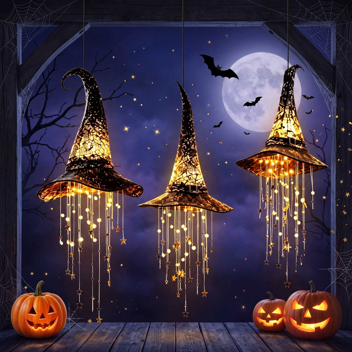 Lighted Witch Hat Hanging Chime, LED Black Mesh Witch Hat with Glowing Star Garland, Indoor Outdoor Halloween Decor for Porch Tree Window