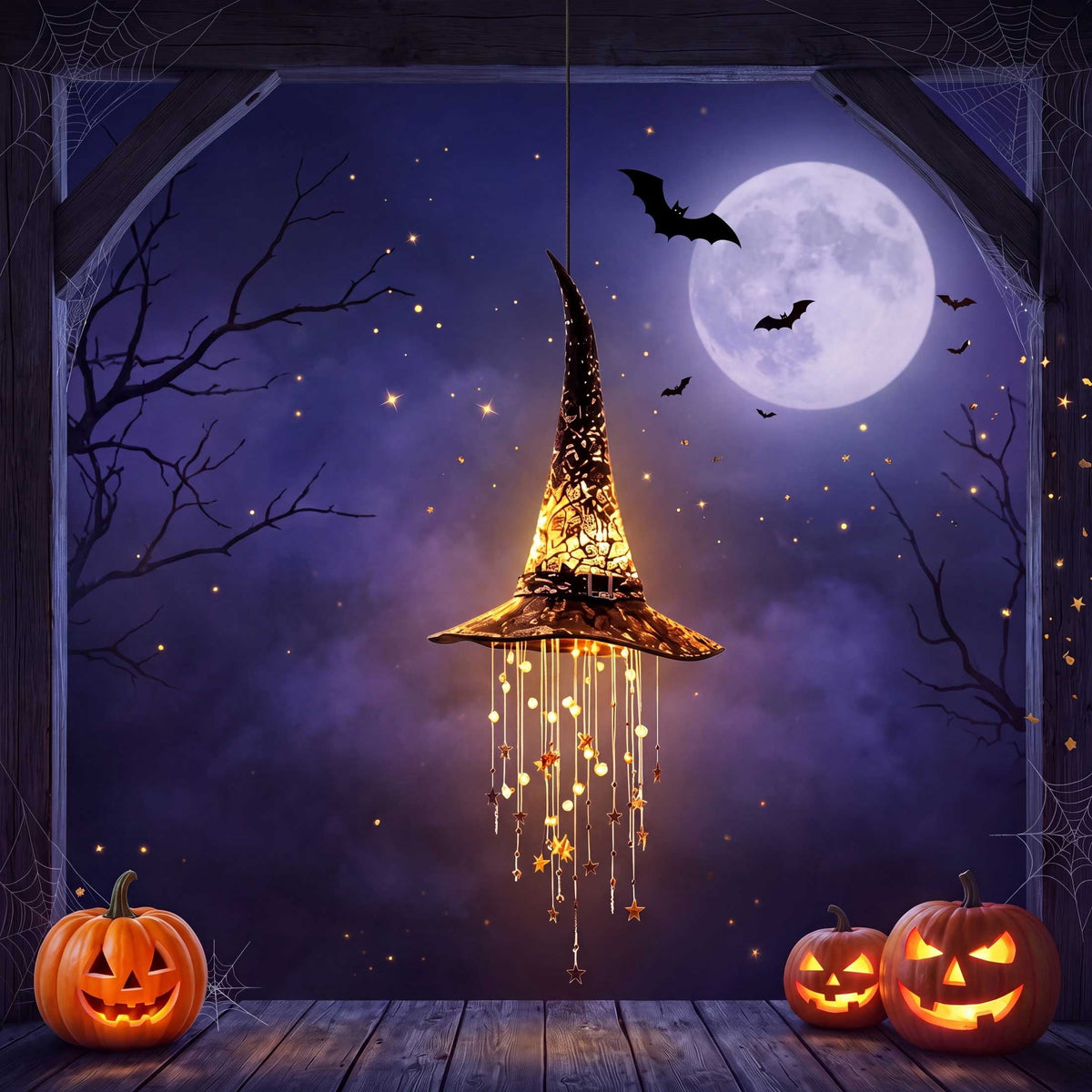 Lighted Witch Hat Hanging Chime, LED Black Mesh Witch Hat with Glowing Star Garland, Indoor Outdoor Halloween Decor for Porch Tree Window