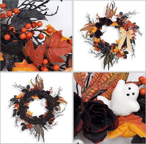 "halloween d rLinTimes Halloween Wreaths for Front Door, 26Inch Ghost Wreath with Ribbon Black Rose Maple Berries Feather for Indoor Outdoor Wall Window Front Door Porch Mantle Halloween D ration "