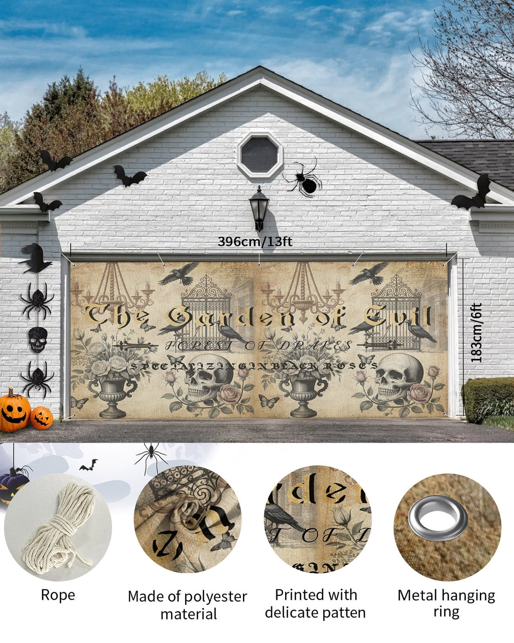 Vintage Skeletons Head Garage Door Banner Cover 7 x 16 ft Crows Halloween Rose Flower Candle Holders Garage Door Decoration Hanging Garage Door Cover Backdrop Wall Decoration for Outdoor Home Party