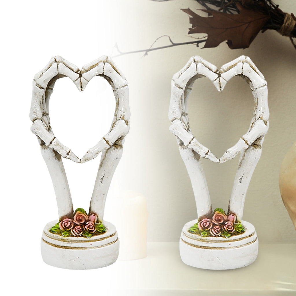 3Pcs Halloween Skeleton Heart Hands Sculpture, Resin Abstract Bone Finger Gesture Statue with Floral Ornament Base, Gothic Home Desktop Decor for Shelf, Mantel, Dressing Table and Party Display