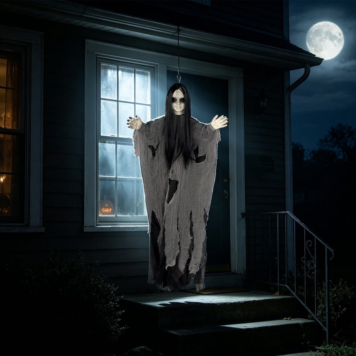 Halloween Witch Hanging Decoration, 45" Scary Witch Skeleton Hangings, Glowing Specters Pendant for Halloween Festival, Eerie Skull Ornament for Party Haunted House Outdoor Props, A