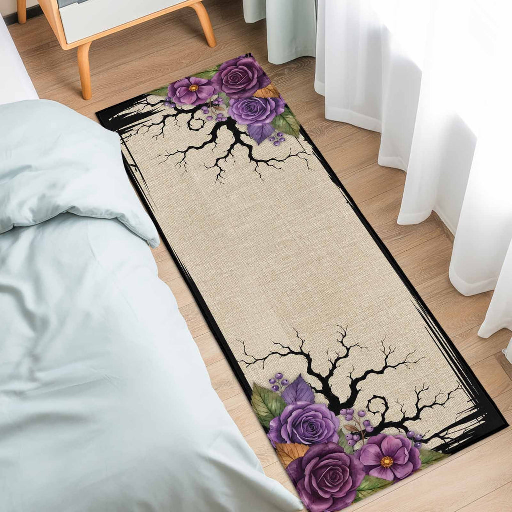 Halloween 2 Pieces Non-Slip Kitchen Mat Set, Dark Romantic Vintage Purple Rose Goth Tree Linen Texture Soft Door Mat with Rubber Backing, Dirtproof Rugs for Entrance Doorway, 19.7x31.5in+19.7x47.2in