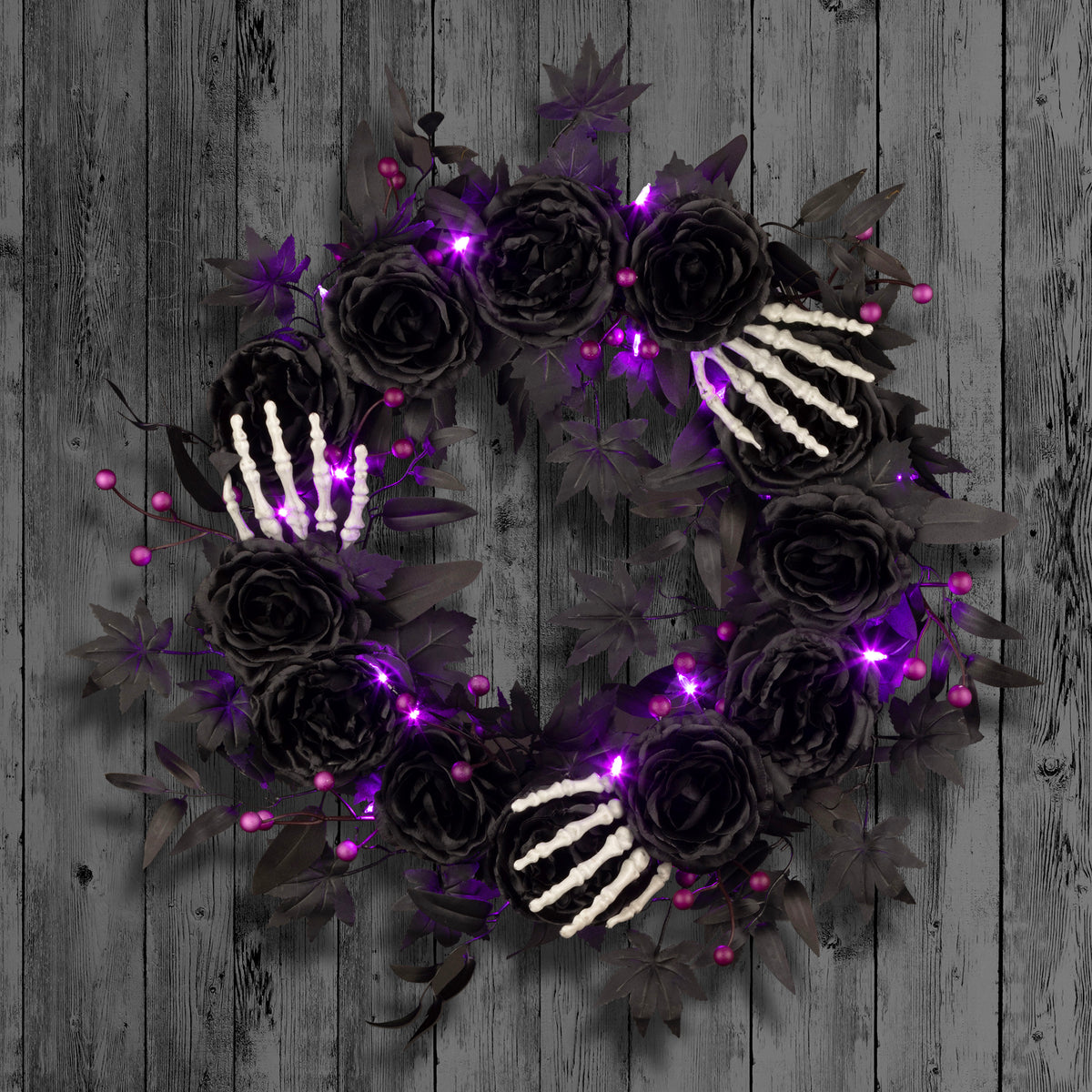 24 in. Artificial Bad to the Bone Halloween Wreath, 30 Purple LED Lights, Battery Operated, Timer