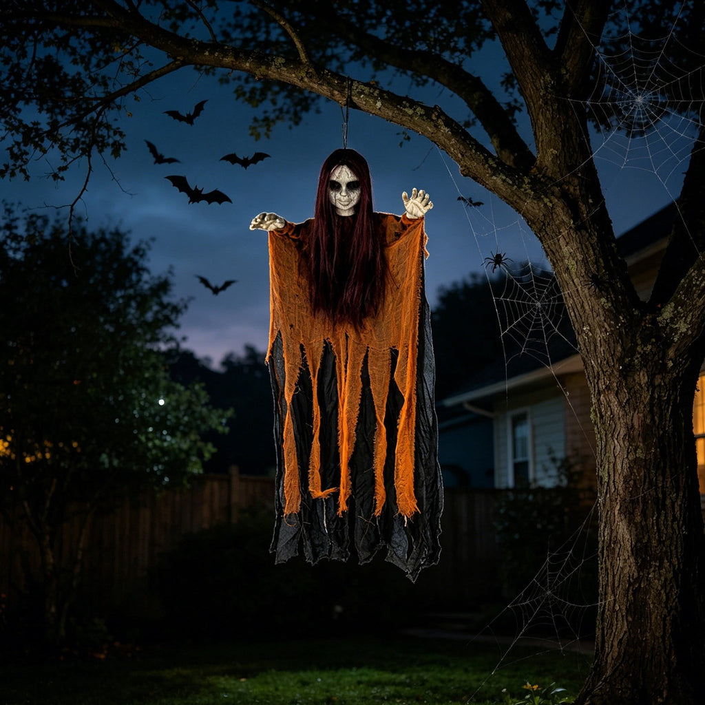 Halloween Witch Hanging Decoration, 45" Scary Witch Skeleton Hangings, Glowing Specters Pendant for Halloween Festival, Eerie Skull Ornament for Party Haunted House Outdoor Props, A