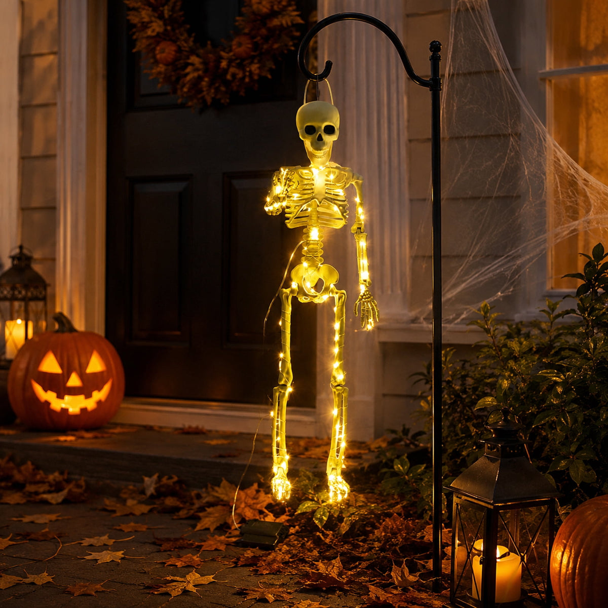 Halloween Glowing Skeleton Hanging Decoration - Realistic White Plastic Skeleton Prop with Warm LED Lights for Haunted House and Party Scene Setup,1PC