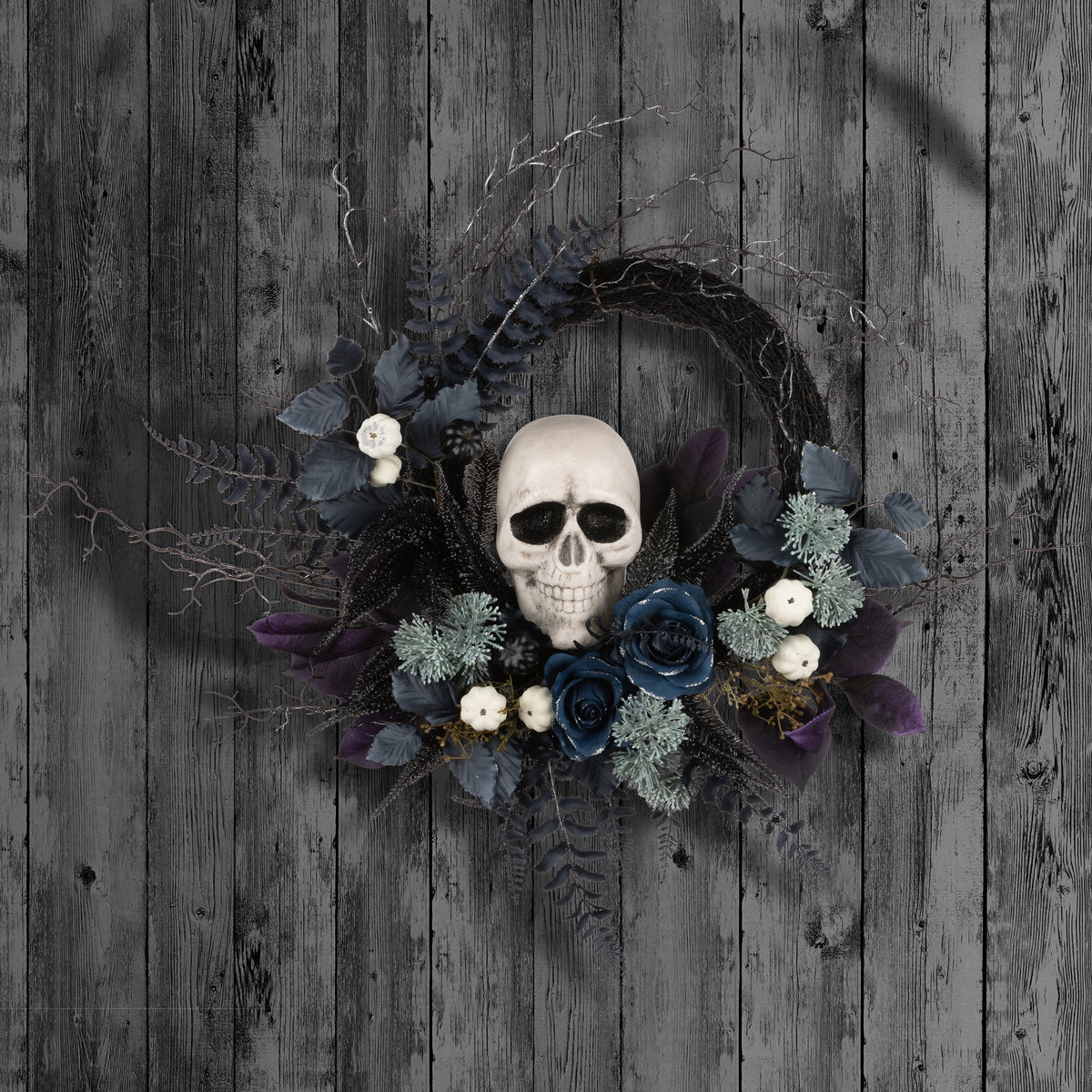 24 in. Artificial Halloween Skull Wreath, Black