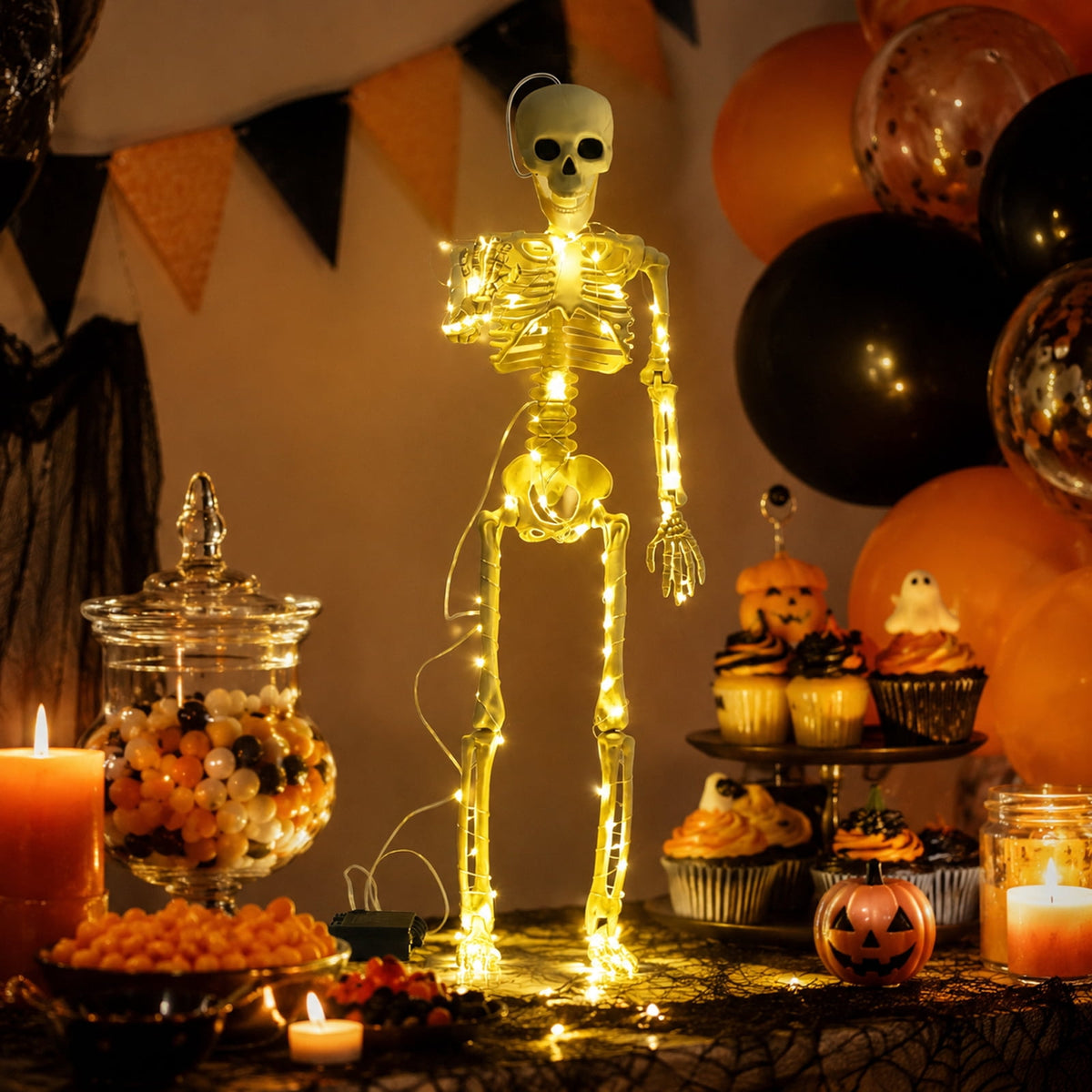 Halloween Glowing Skeleton Hanging Decoration - Realistic White Plastic Skeleton Prop with Warm LED Lights for Haunted House and Party Scene Setup,1PC