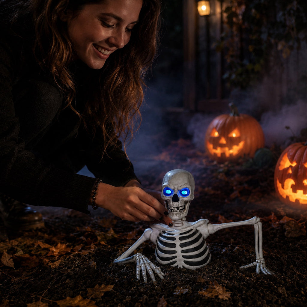 11.8in Halloween Groundbreaker Skeleton Light Up Blue Eyes Lighted Skeleton Bust Prop Outdoor Yard Graveyard Novelty Gift Decor