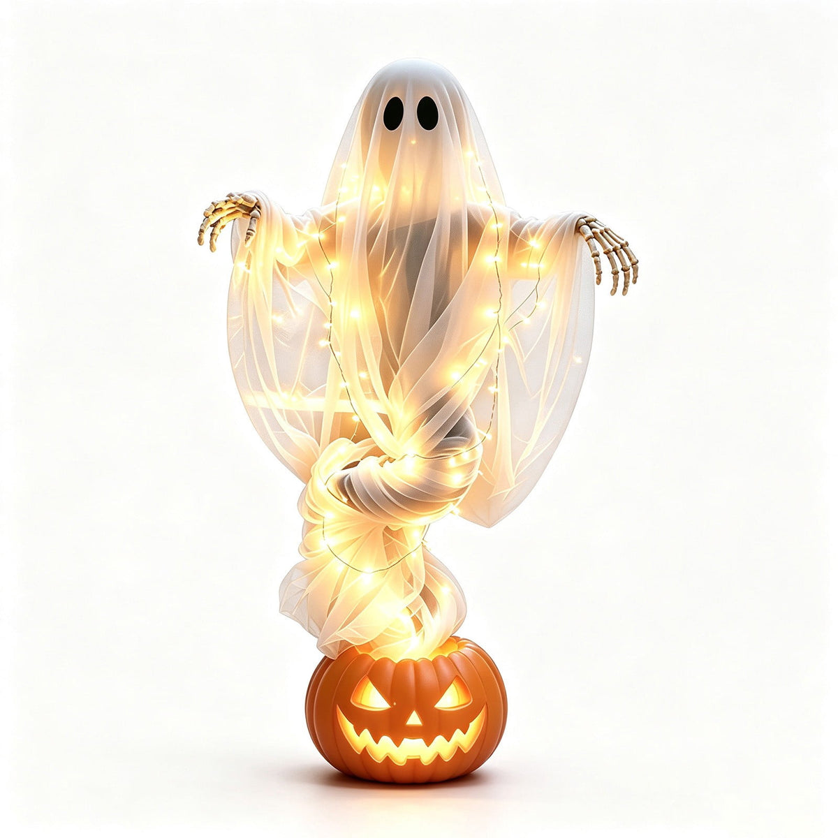 51 Inch Halloween Floating Ghost Pumpkin Light, Light-Up Gauzy Ghost with Skeleton Hands for Outdoor Yard, Porch, Patio, Spooky Party Displays, Events, and Gifts