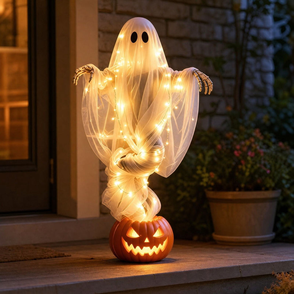 51 Inch Halloween Floating Ghost Pumpkin Light, Light-Up Gauzy Ghost with Skeleton Hands for Outdoor Yard, Porch, Patio, Spooky Party Displays, Events, and Gifts