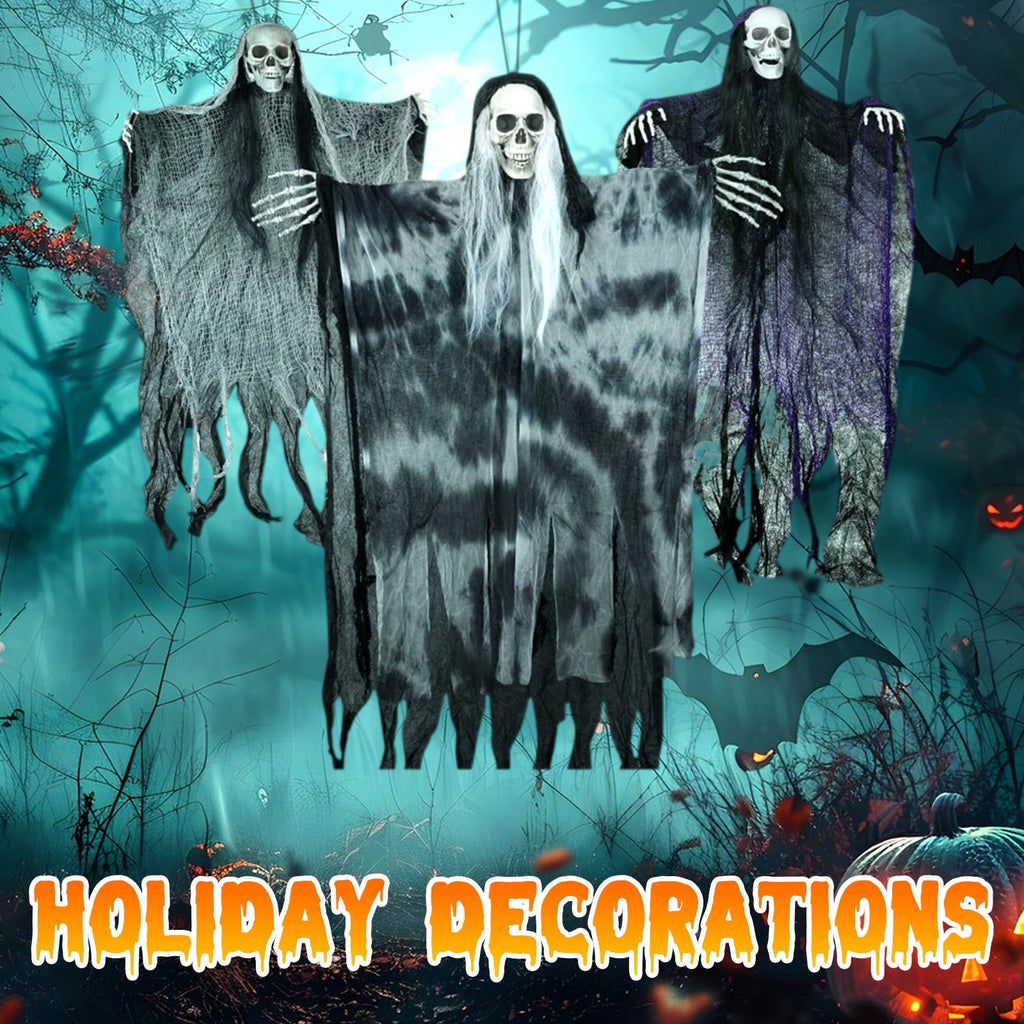difdany 3 Pack Hanging Halloween Decorations, 42.5 in Large & 31.4 in Small Flying Skeleton Grim Reapers, Floating Ghost props for Outdoor Halloween Decorations & Halloween Party