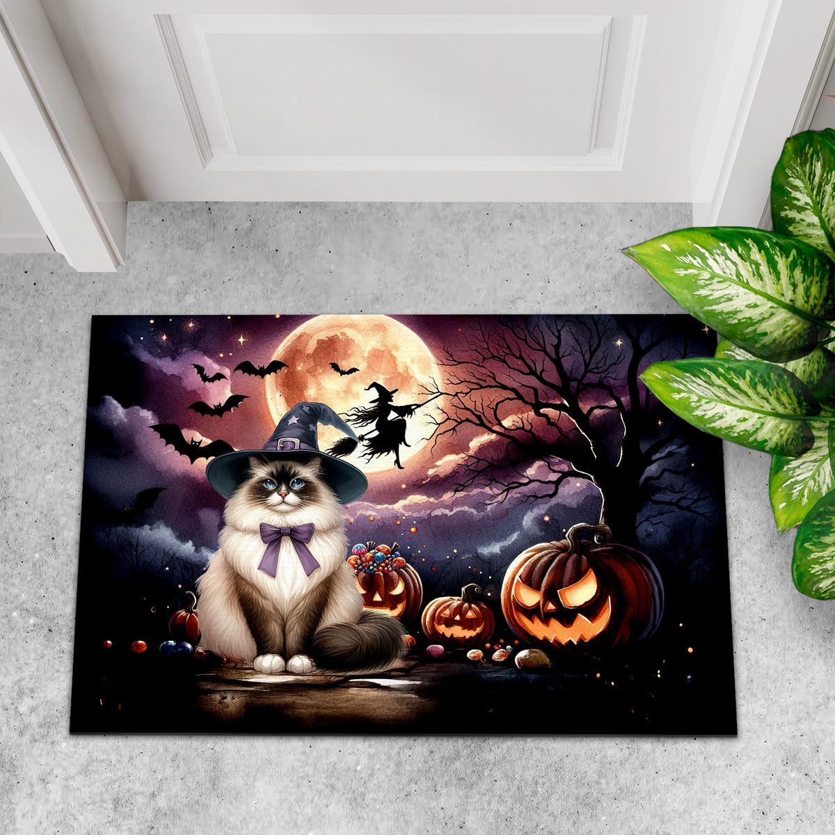 Spooky Halloween Night Witch Maine Coon Glowing Pumpkins Indoor Rug Cat Lover Kitten Owner Gifts Carpet Living Bed Room Sofa Home Decor - 12015