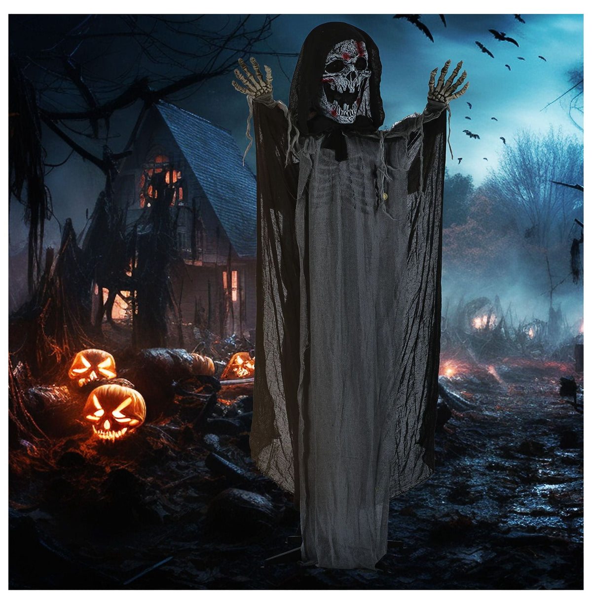 Halloween Witch Decoration Animated Prop - 74" Skeleton with Light Up Eyes & Howling Sound - Indoor/Outdoor Spooky Decor for Yard, Parties