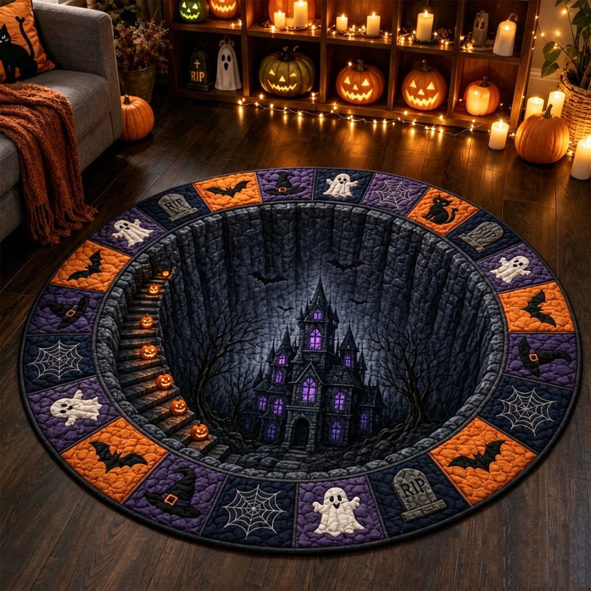 3D Round Halloween Doormat Set – Witch Hat Black Cat & Pumpkin Skull Design, Non-Slip Polyester Entry Mat For Indoor/Outdoor, Spooky Cute Fall Decor, Perfect Gift For Halloween Lovers (72X72")