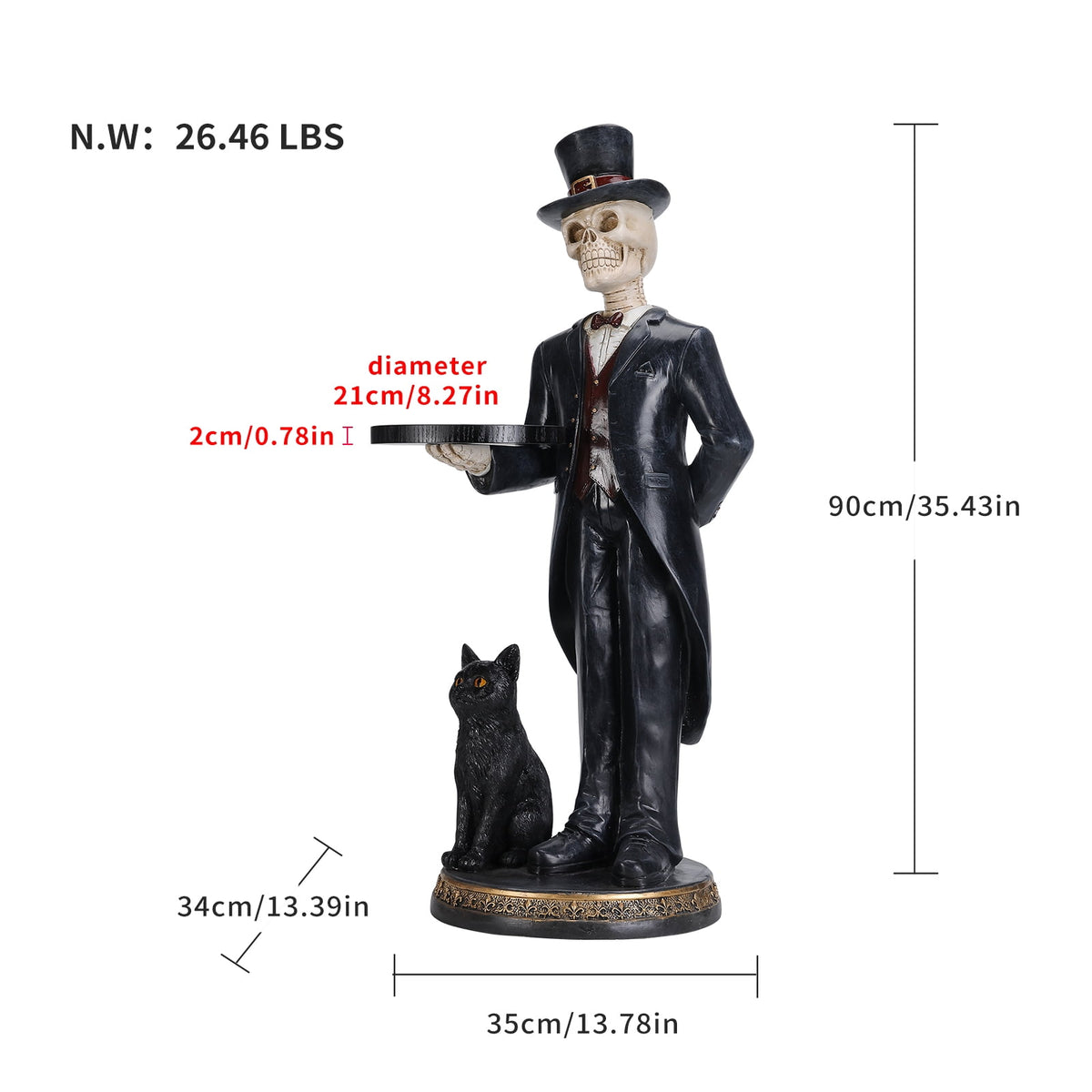 35" Halloween Skeleton Butler Floor Statue with Serving Tray & Black Cat, Gothic Resin Entryway Decor