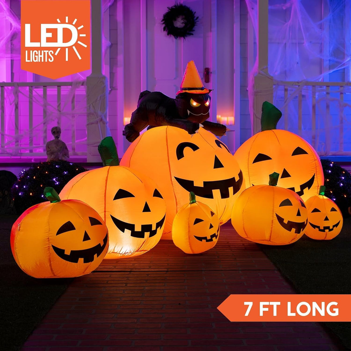 7 FT Halloween Inflatable 7 Pumpkins with Witch Cat LED Outdoor Yard Decoration