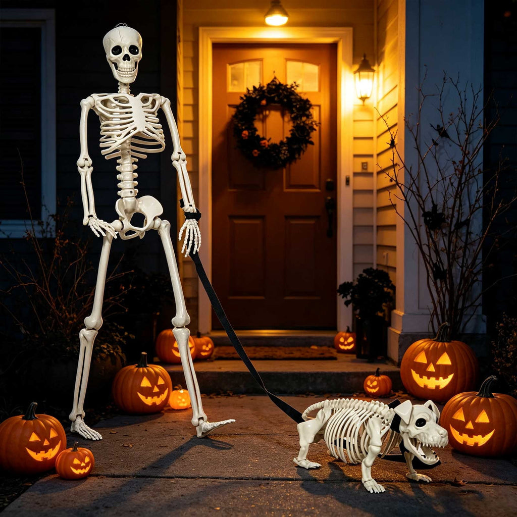 Human Dog Skeleton Halloween Decor, Posable Design for Indoor and Outdoor Seasonal Ornament