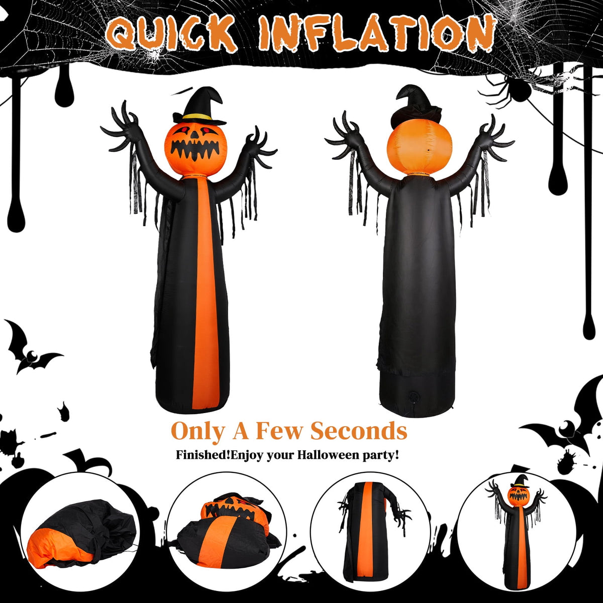 10ft Halloween Inflatable Pumpkin Ghost with Rotatable Head and 6 LED Lights