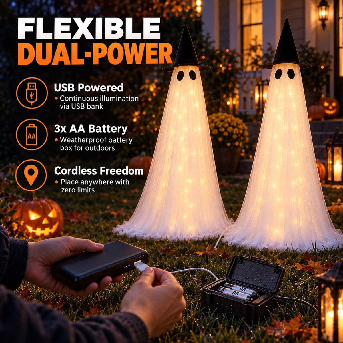 Light Up Halloween Ghost Decor 8 Modes Dual Power 5ft 2 Pack