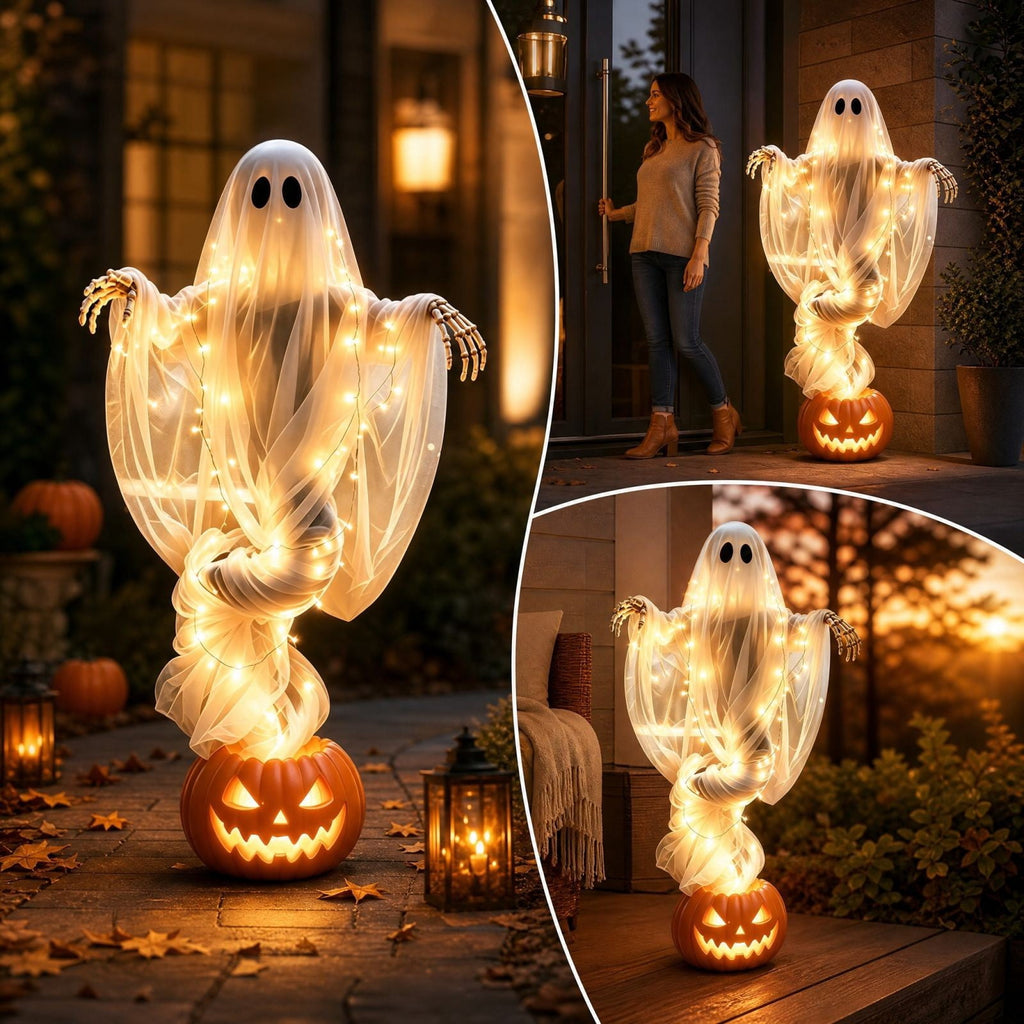 syligr Halloween Decorations Outdoor for Yard Porch, 51 Inch Light Up Floating Ghost Pumpkin with Skeleton Hands, Glowing Gauzy Ghost Decor for Garden Entryway Party, Battery Operated