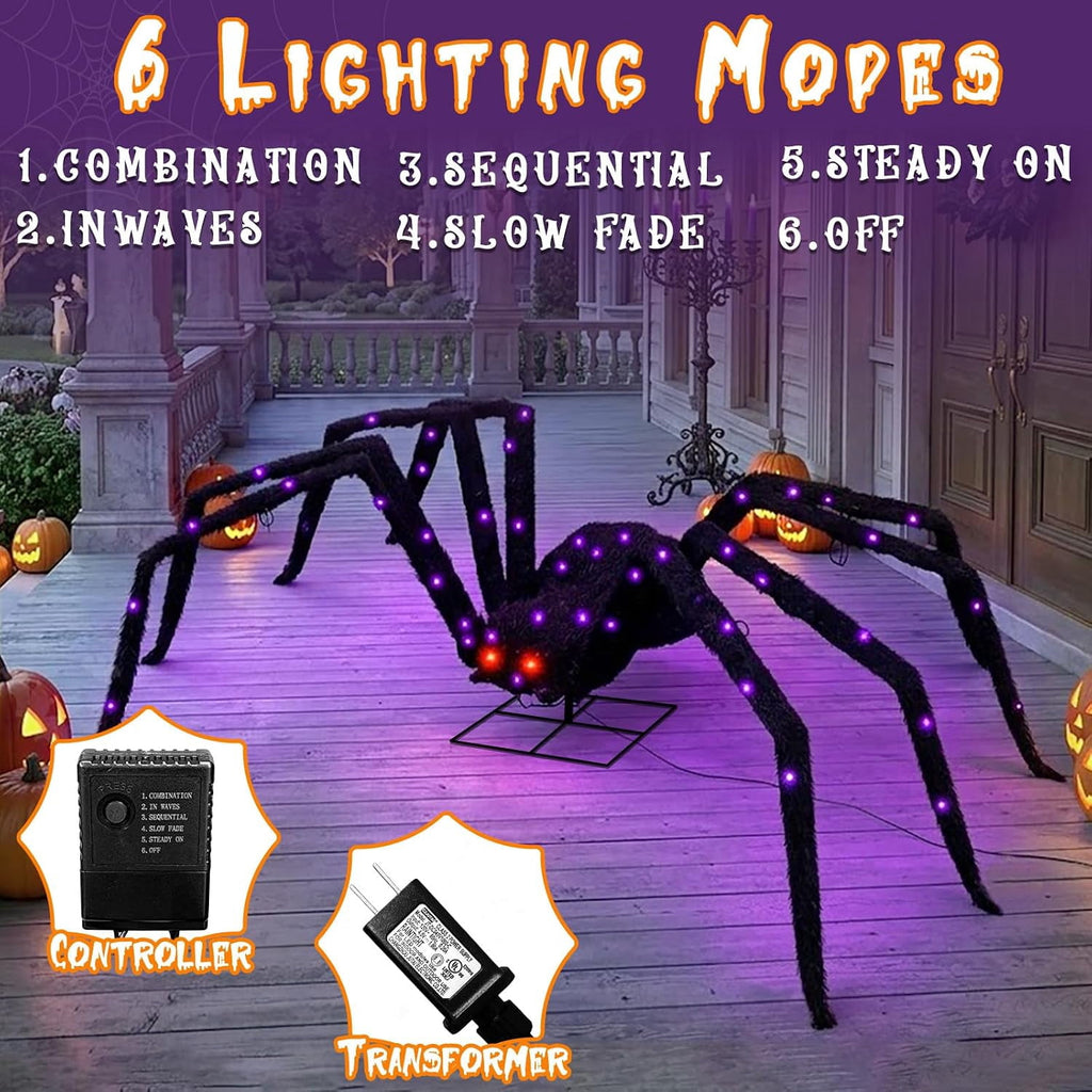 Halloween Decorations Outdoor Giant Spider Light Up Spider 4.3Ft Lighted Large Spider with 6 Modes and 100 LED Purple Lights, Black Spooky Spider for Yard Lawn Garden Patio Outside Decor