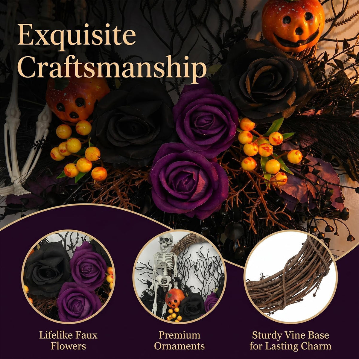 16 Inch Gothic Halloween Front Door Wreath, Spooky Artificial Wreath with Skulls Spiders Pumpkins for Indoor Outdoor Holiday Decor