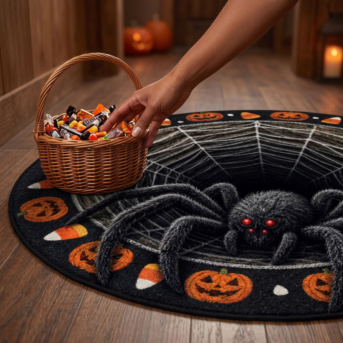 3D Halloween Spider Rug Round, Non-Slip Illusion Doormat with Pumpkin Candy Corn, Scary Web Floor Mat for Front Door Entryway Living Room Indoor Holiday Decor Party Props