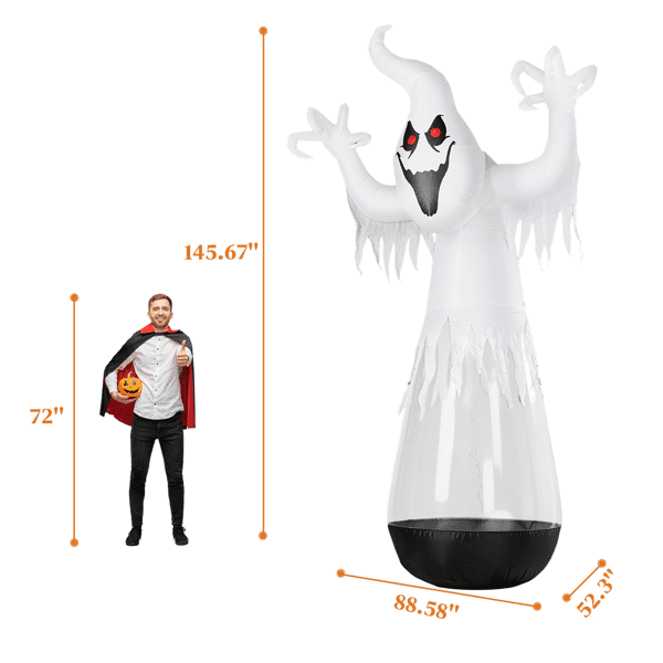 COTINSE 12 FT Halloween Inflatable Ghost with 2 LED Lights & Stage Light, Giant Clear PVC Blow Up Yard Decoration, Black & White