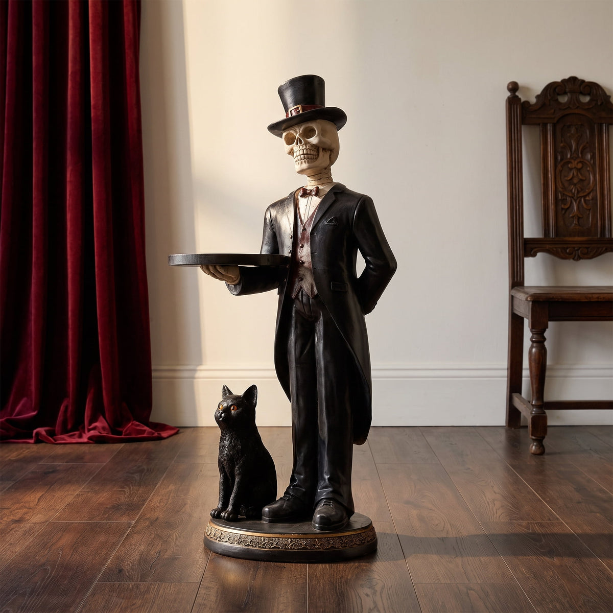 35" Halloween Skeleton Butler Floor Statue with Serving Tray & Black Cat, Gothic Resin Entryway Decor