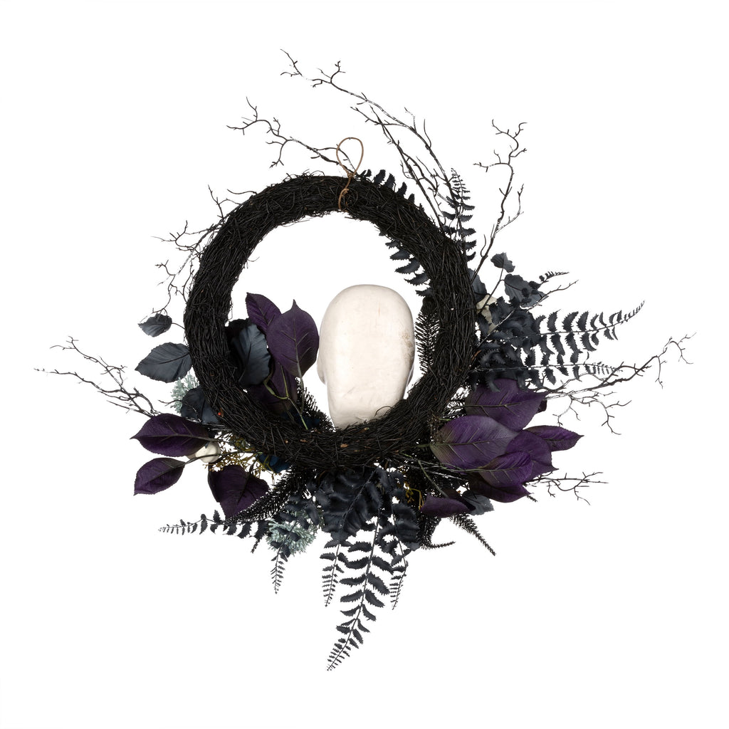 24 in. Artificial Halloween Skull Wreath, Black